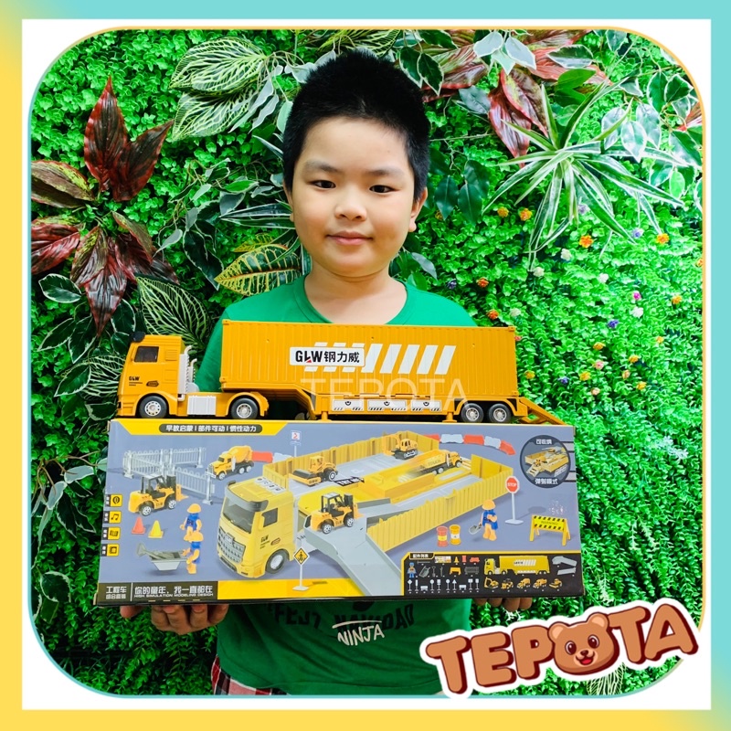 Hộp Xe Container Đồ Chơi Cỡ Lớn Cao Cấp Mô Hình Kèm 6 Xe Nhỏ Công Trình + 42 Chi Tiết Phát Nhạc X03CONG