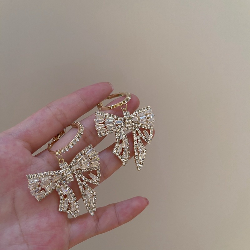 Đôi khuyên tai mạ bạc 925 hình nơ đính kim cương giả sang trọng