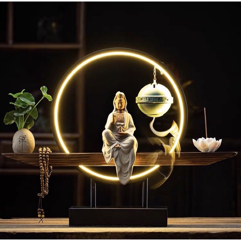 Tượng Phật Quan Âm Bồ Tát Có Đèn Led, Đốt Hương Trầm, Tượng Phật An Nhiên, Én Decor