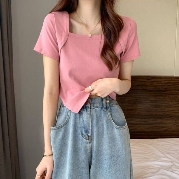Áo thun SUXI tay ngắn cổ vuông màu trơn dễ phối đồ thời trang mùa hè đơn giản dành cho nữ