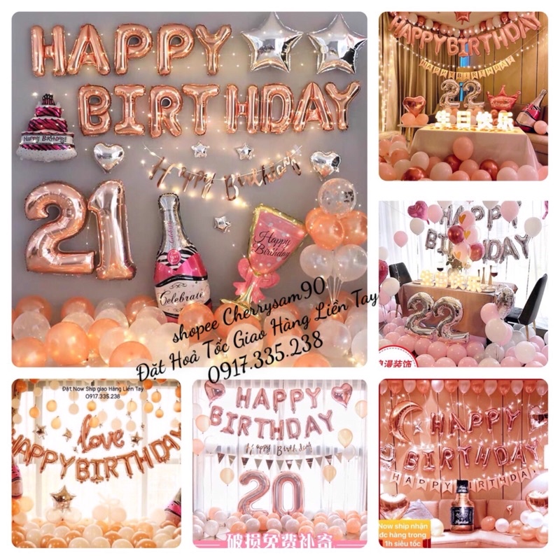 Set bóng Happy Birthday Hồng Godl 30 Bóng Tặng Bơm keo Dán