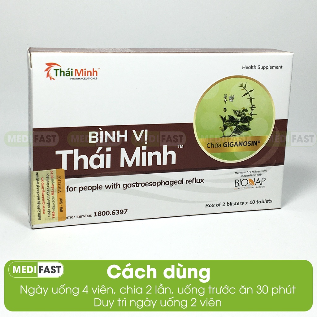 Bình Vị Thái Minh - Ngăn ngừa loét dạ dày, giảm ợ chua trào ngược, Hộp 20v từ thảo dược- mua 6 tặng 1 bằng tem tích điểm