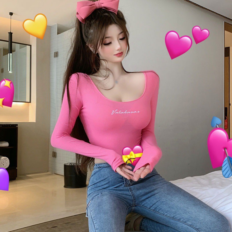 Áo thun croptop tay dài ôm dáng in chữ thời trang cho nữ
