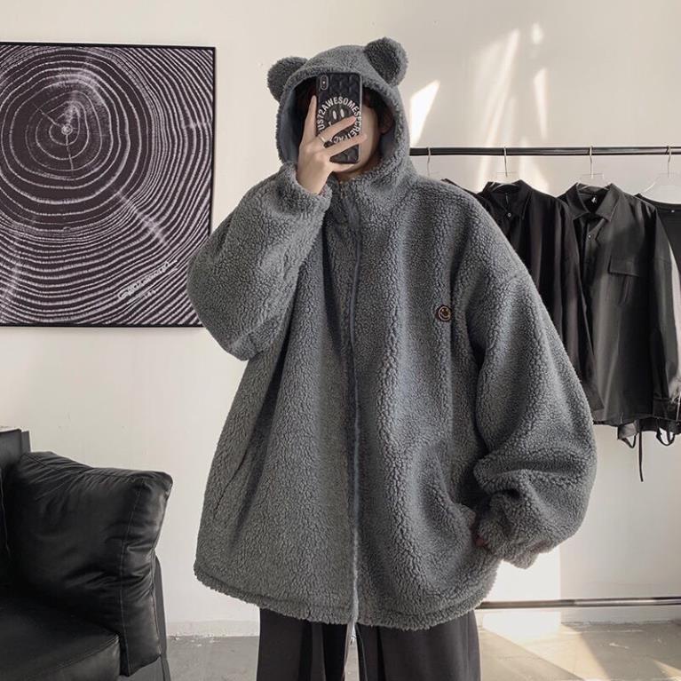 Áo Khoác Tai Gấu Xám Hot Trend Phong Cách Unisex Nam Nữ- Áo Khoác Kéo Khoá Ulzzang