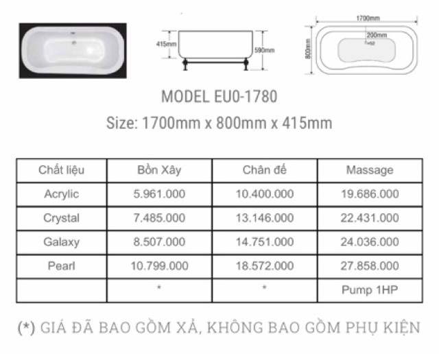 BỒN TẮM EUROCA OVAL - MODEL EUO - 1780 - BẢO HÀNH 3 NĂM