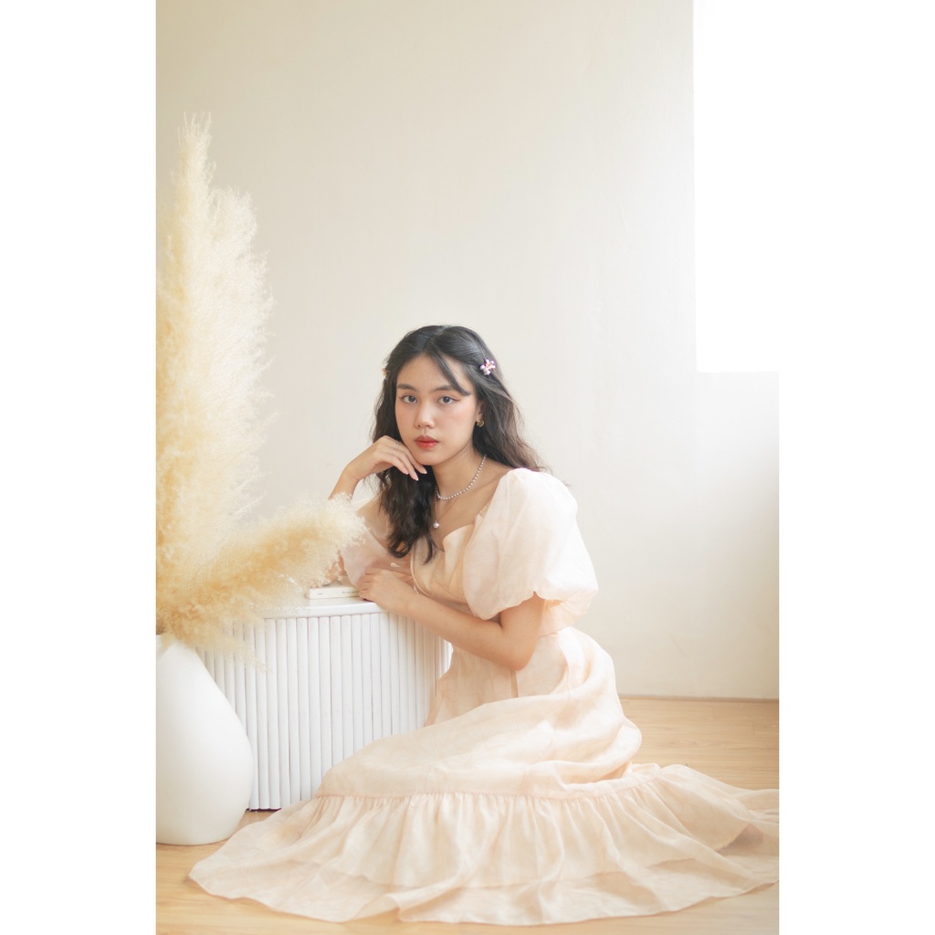 Belle Dress - Đầm tay bồng công chúa vải tơ organza in hoa chìm