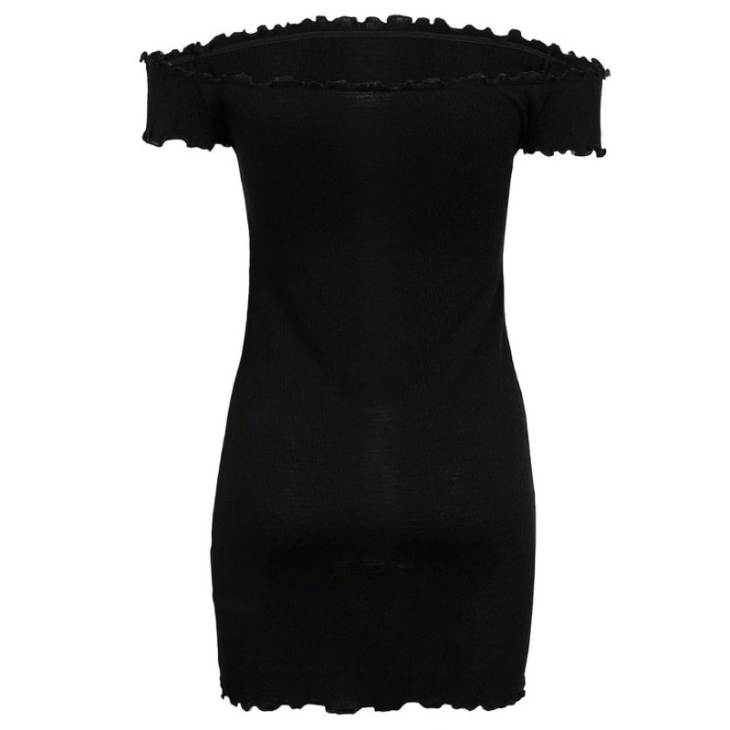 Đầm Ngắn Tay Trễ Vai Phối Bèo Màu Sắc Trơn Quyến Rũ