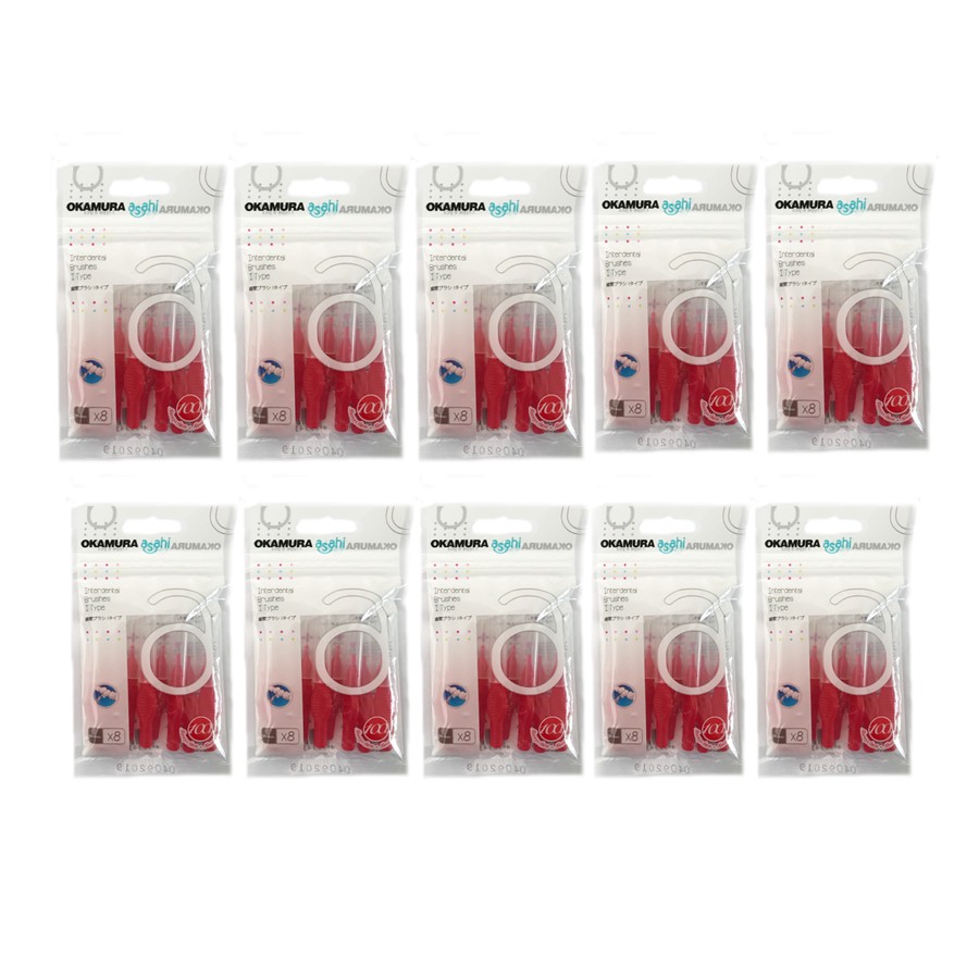 Combo 5 bịch Bàn chải kẽ răng cao cấp Nhật dạng chữ i size sss 0.7mm Okamura Japan (bịch 8 cái*5)-màu đỏ