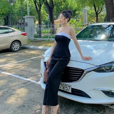 Sét đồ bộ cúp ngực quần ống rộng đi chơi phối viền ngực trắng thời trang nữ mùa hè