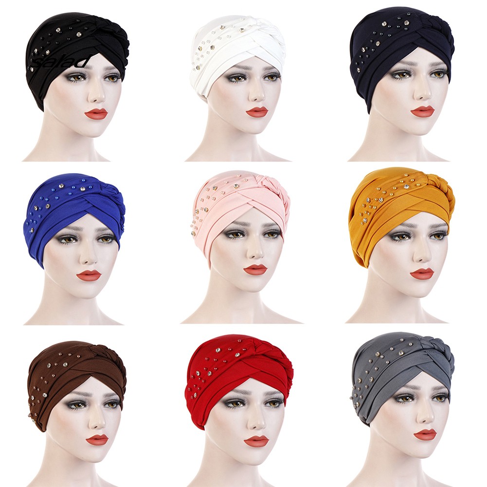 Mũ Turban Trùm Đầu Đính Hạt Màu Trơn Phong Cách Hồi Giáo Cho Nữ