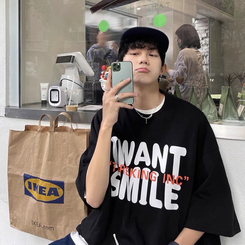 ÁO THUN TAY LỠ FORM RỘNG UNISEX I WANT SMILE