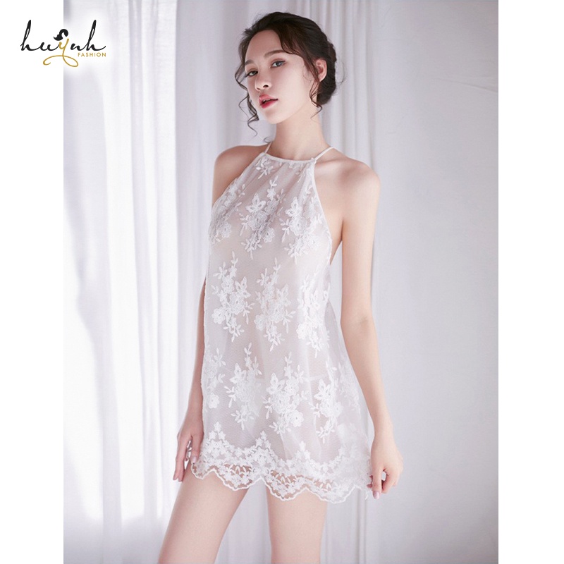 Váy Ngủ Xuyên Thấu Thêu Hoa Nổi Hai Lớp Hở Lưng Gợi Cảm - N86