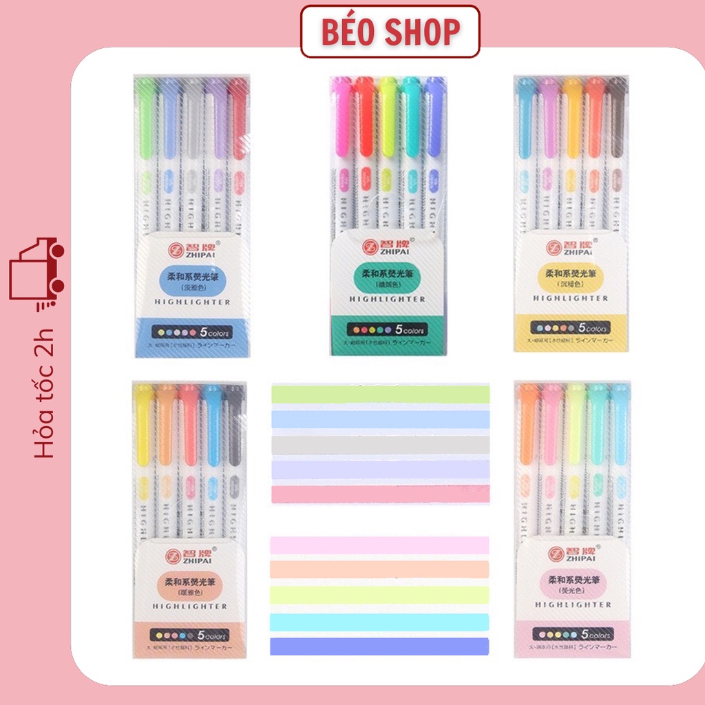 Set 5 bút highlight pastel đánh dấu 2 đầu Béo shop , hộp bút dạ quang nhớ dòng marker bullet journal dễ thương B20