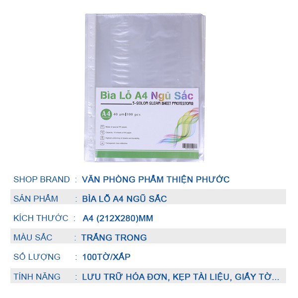 Bìa Lỗ File 4 lạng ngũ sắc nilong dày 40Um - Bìa đựng hóa đơn xấp 100 tờ THIỆN PHƯỚC