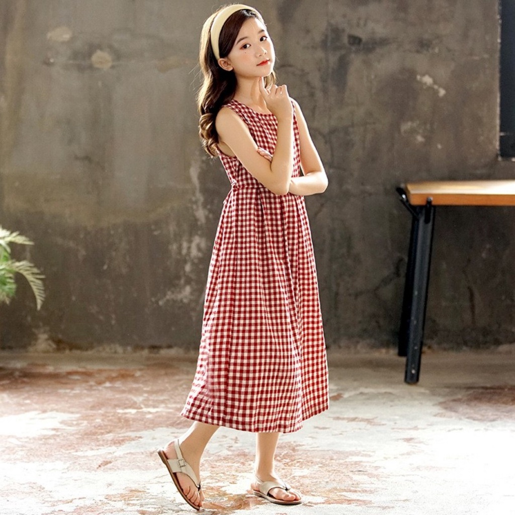 Váy xòe kẻ caro đỏ trắng cho bé gái lớn Size đại đầm trẻ em 5, 6, 7, 8, 10,11,12 tuổi