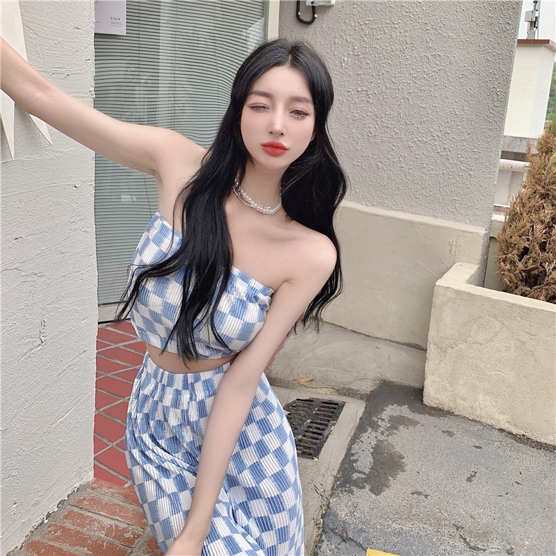 Set Áo Ống Ngắn Và Quần Dài Ống Rộng Họa Tiết Sọc Caro Phong Cách Mới