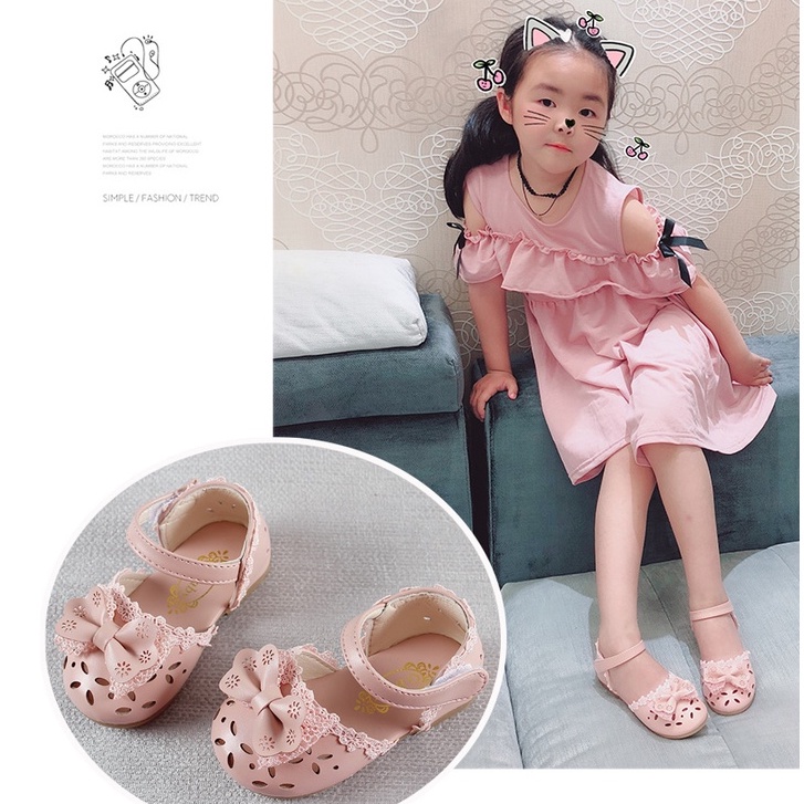 Dép sandal bé gái đính nơ ren A01 size 15-30