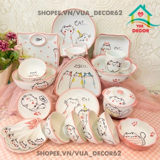 Bộ Chén Dĩa Dễ Thương  🐱‍🏍Bát Đĩa Decor Mèo Hồng 💚💙 Đĩa Sứ Bát Tô Ăn Cơm Chén Sứ Cute  MHT01 💦