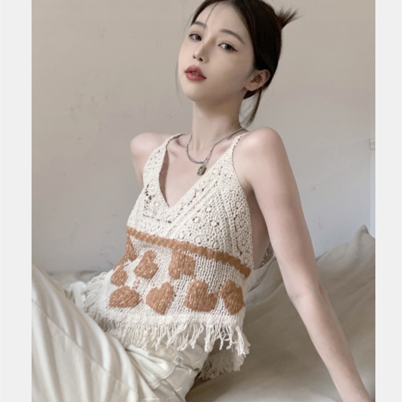 Áo Hai Dây Dệt Kim Cổ Chữ V Phối Tua Rua Quyến Rũ Cho Nữ