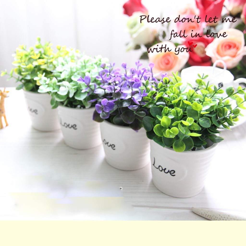 Hoa giả trang trí để bàn, hoa bonsai chậu sứ chữ LOVE - H0129 (nhiều màu lựa chọn)