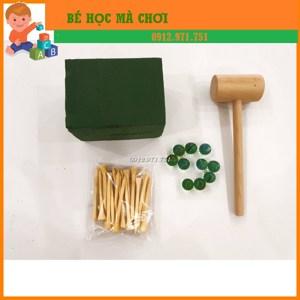 Đồ chơi búa gỗ và đinh gỗ, bi ve cho bé luyện tay Montessori