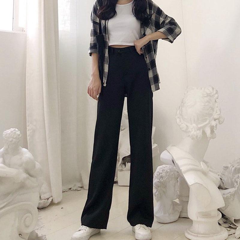 Quần Dài Lưng Cao Form Rộng Màu Trơn Theo Phong Cách Hàn Quốc