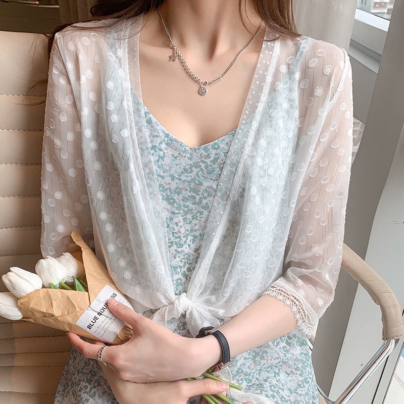 Áo Sơ Mi Chấm Bi Thời Trang Xinh Xắn 164485 Áo Sơ Mi Voan Mỏng Dáng Ngắn Thời Trang Dành Cho Nữ