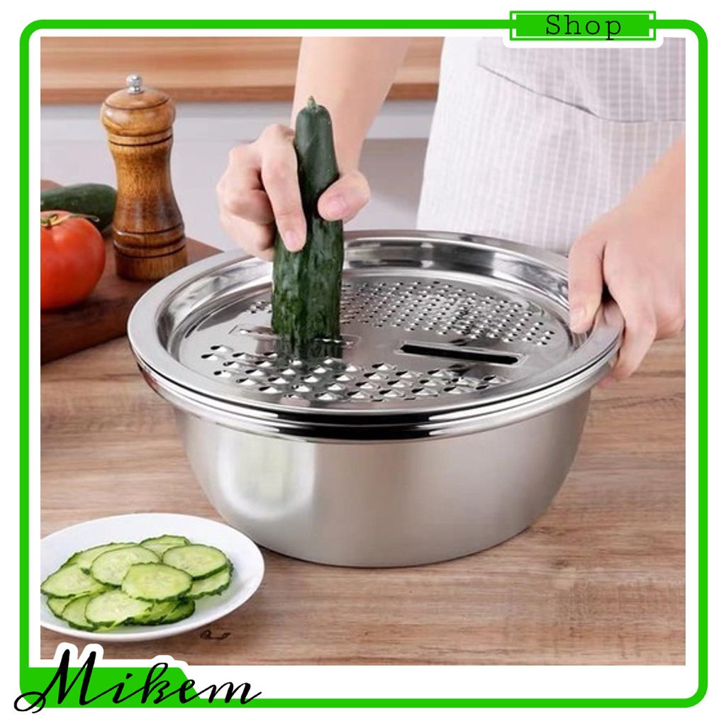 Bộ Thau Rổ bào inox tiện lợi 26 cm, Mâm nạo củ quả tiện lợi 3 trong 1/RỔ BÀO RAU CỦ INOX - BỘ THAU RỔ BÀO RAU CỦ INOX