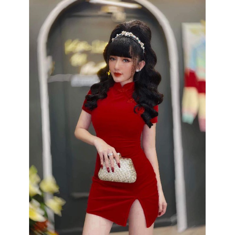 Đầm nhung cổ tàu diện tết cực đẹp dưới 58kg