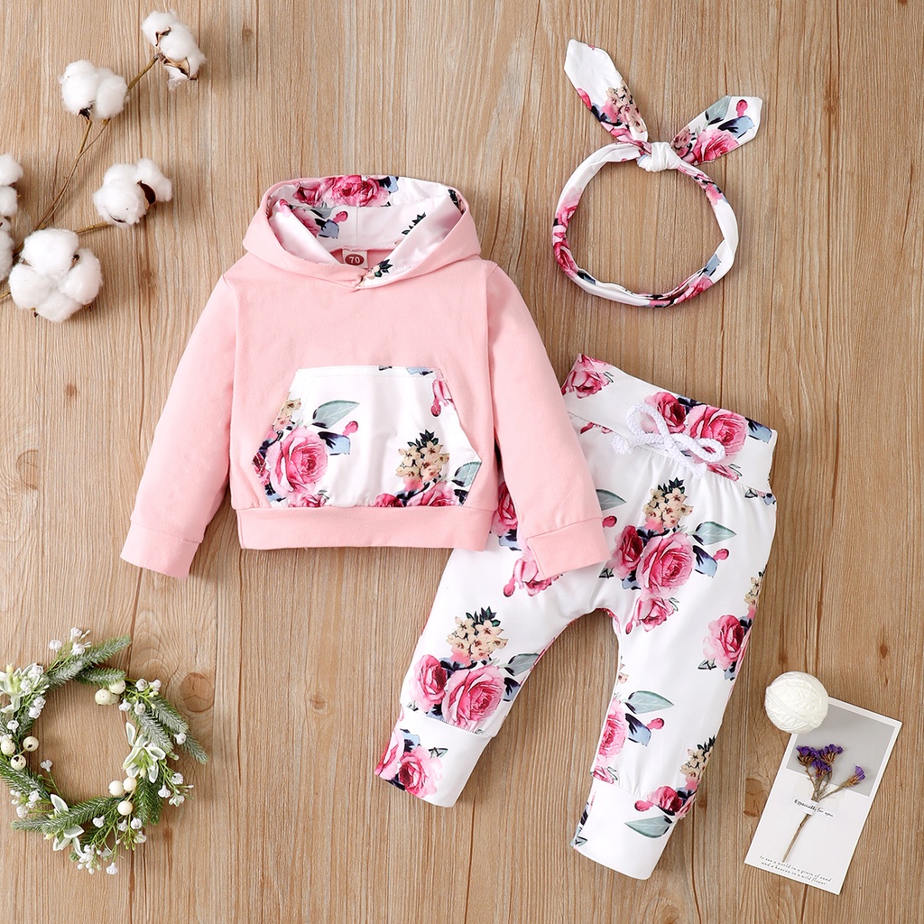 Set Áo hoodie Tay Dài + Quần Dài + Băng Đô Thời Trang Mùa Thu Cho Bé Gái Sơ Sinh