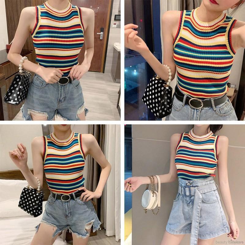 Áo Sát Nách Không Tay Cổ Tròn Dệt Kim Hoạ Tiết Kẻ Sọc Màu Cầu Vồng Tương Phản Thiết Kế Quyến Rũ Dành Cho Bạn Nữ | BigBuy360 - bigbuy360.vn