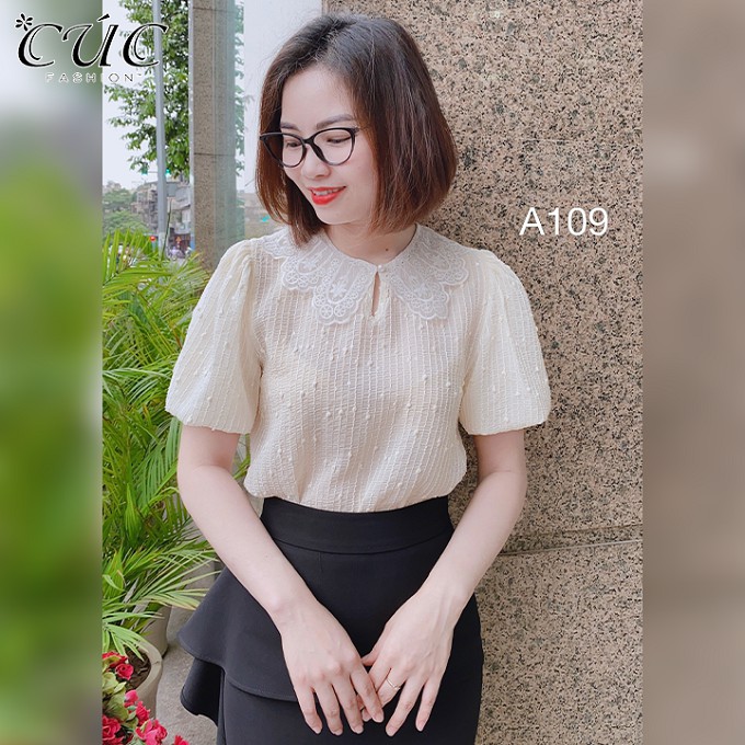 Áo sơ mi nữ công sở cao cấp Cúc Fashion A109 áo somi cổ ren tuyết