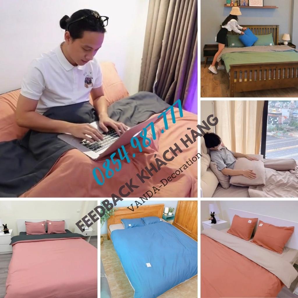 Bộ chăn ga gối VANDA Cotton Tici TC trơn phối màu Drap đủ kích thước 1m2 ,1m4 ,1m6 ,1m8 ,2m2...