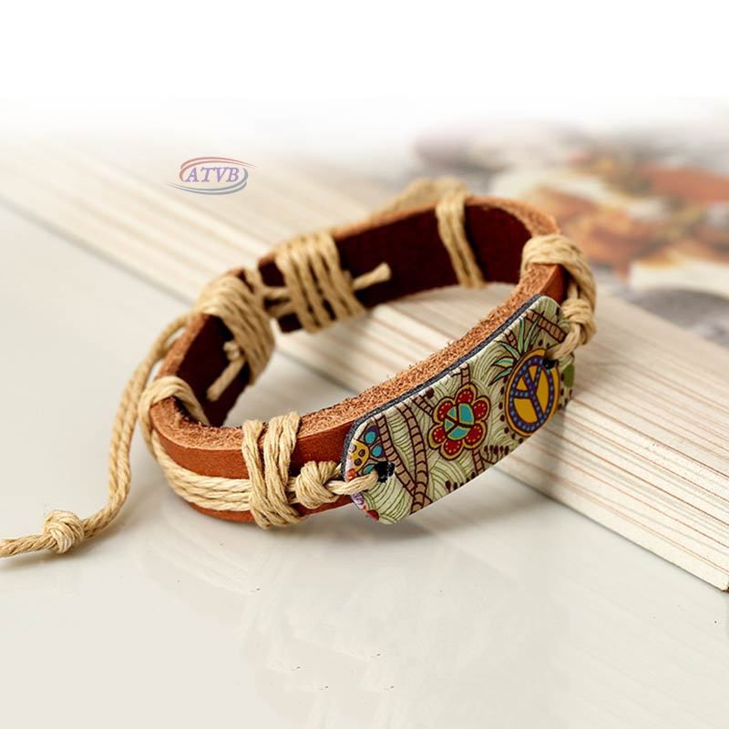 Vòng tay da PU mặt hợp kim hình hoa phong cách vintage