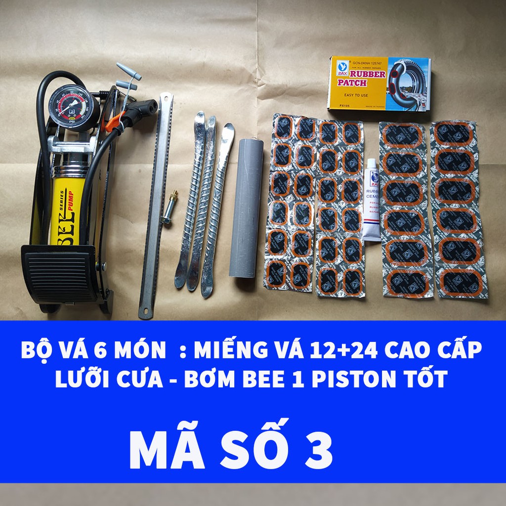 [Bơm Chân BEE Vàng 1 Piston ] Bộ 6 Món Vá Ruột Xe Máy &amp; Xe Đạp Có Bơm Chân Tốt + Lưỡi Cưa