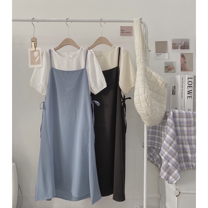 Set váy yếm 2s  dáng dài kèm áo sơ mi cộc tay chất xốp Ulzzang Vintage 2022