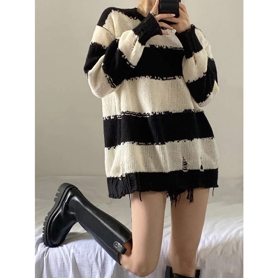 Áo len nữ form rộng hàn quốc RÁCH XẺ TÀ 2021, áo sweater nữ len hàn quốc tay dài sọc ngang trắng đen thời trang unisex