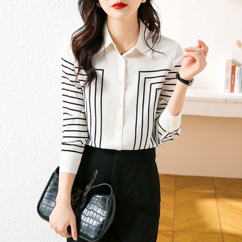 Áo Sơ Mi Tay Dài Dáng Rộng Vải Lụa Crepe Họa Tiết Kẻ Sọc Thời Trang Chuyên Nghiệp Cho Nữ