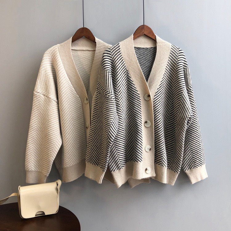 Áo khoác cardigan áo khoác len nữ họa tiết sọc chéo xương cá form rộng chất dày dặn hàng đẹp PANOSI - A672