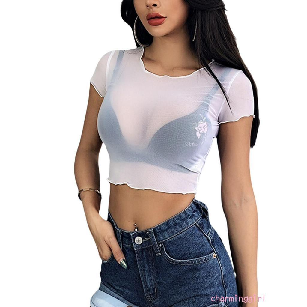 Áo Thun Lửng Ngắn Tay Xuyên Thấu Gợi Cảm Cho Nữ