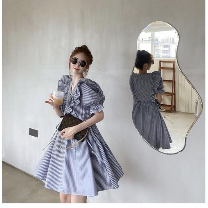 Đầm Babydoll Tay Phồng Họa Tiết Kẻ Sọc Phong Cách Pháp Cổ Điển Thời Trang Mùa Hè Mới Cho Nữ 2022