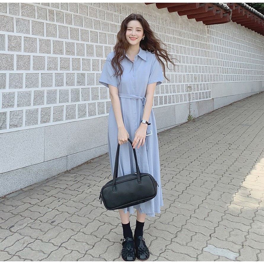 Đầm tay ngắn cổ bẻ thắt dây thời trang 43935