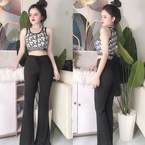 Đồ bộ nữ, đồ bộ quần ống loe đai cao thun cotton gân borip và áo ba lổ croptop vải xịn, đồ bộ mặc nhà nữ, đồ bộ kiểu
