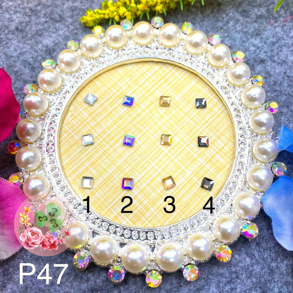 2 viên - Màu P47. Đá khối chân bằng siêu bắt sáng, đính dán móng.