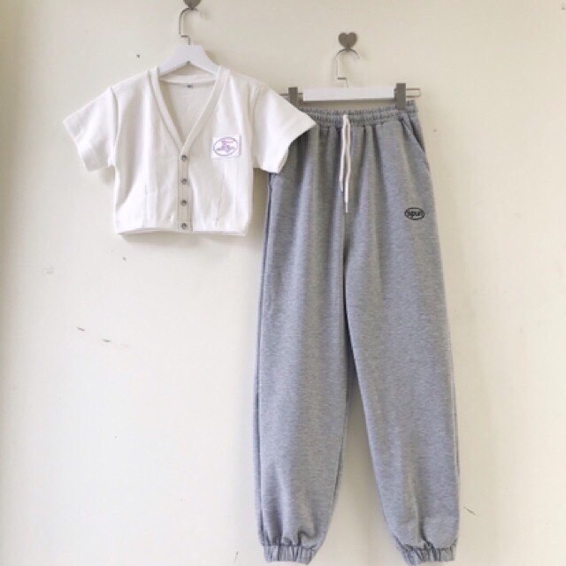 set đồ áo croptop nút giả và quần jogger SPUN cá tính 0089