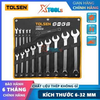 Bộ 14 cờ lê vòng miệng 6-32mm tolsen 15889, chất liệu thép cr-v mạ crom, đánh bóng bề mặt siêu cứng