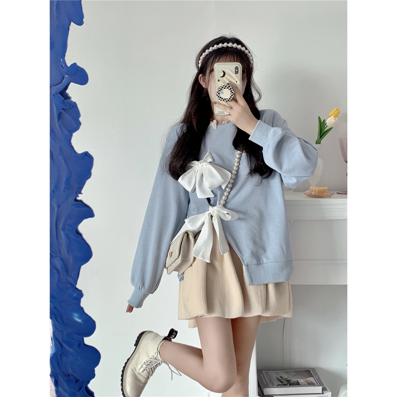 Áo buộc nơ màu xanh đen chất nỉ da cá chất đẹp N4