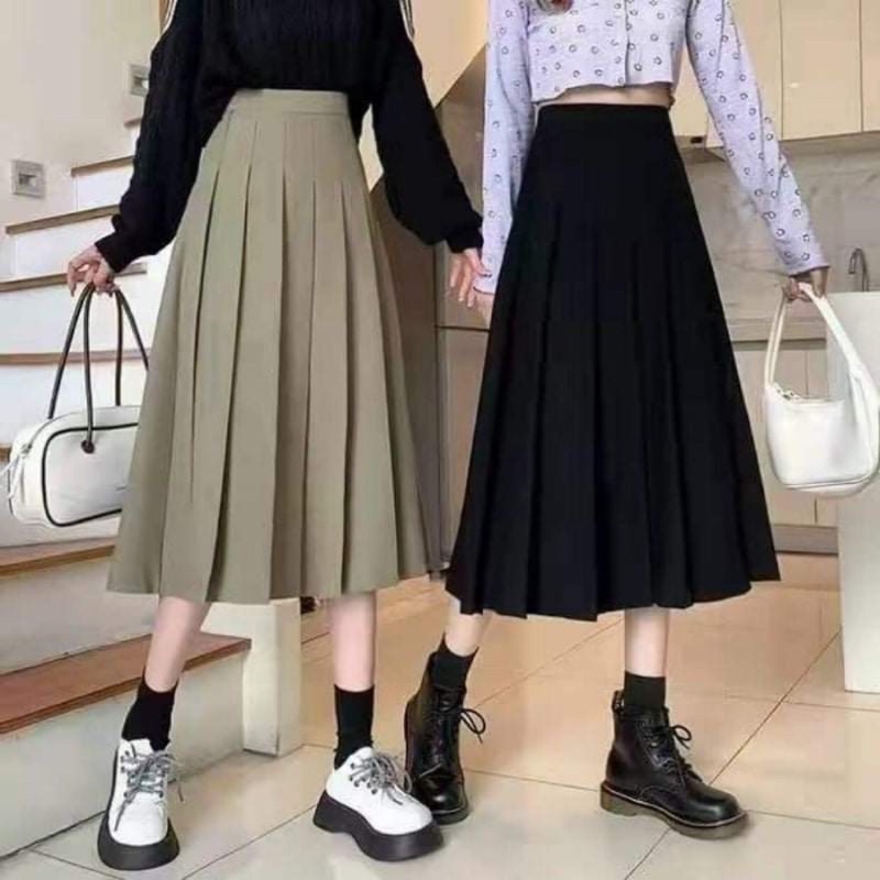 Chân váy xếp ly dáng dài lưng cao siêu hách dáng