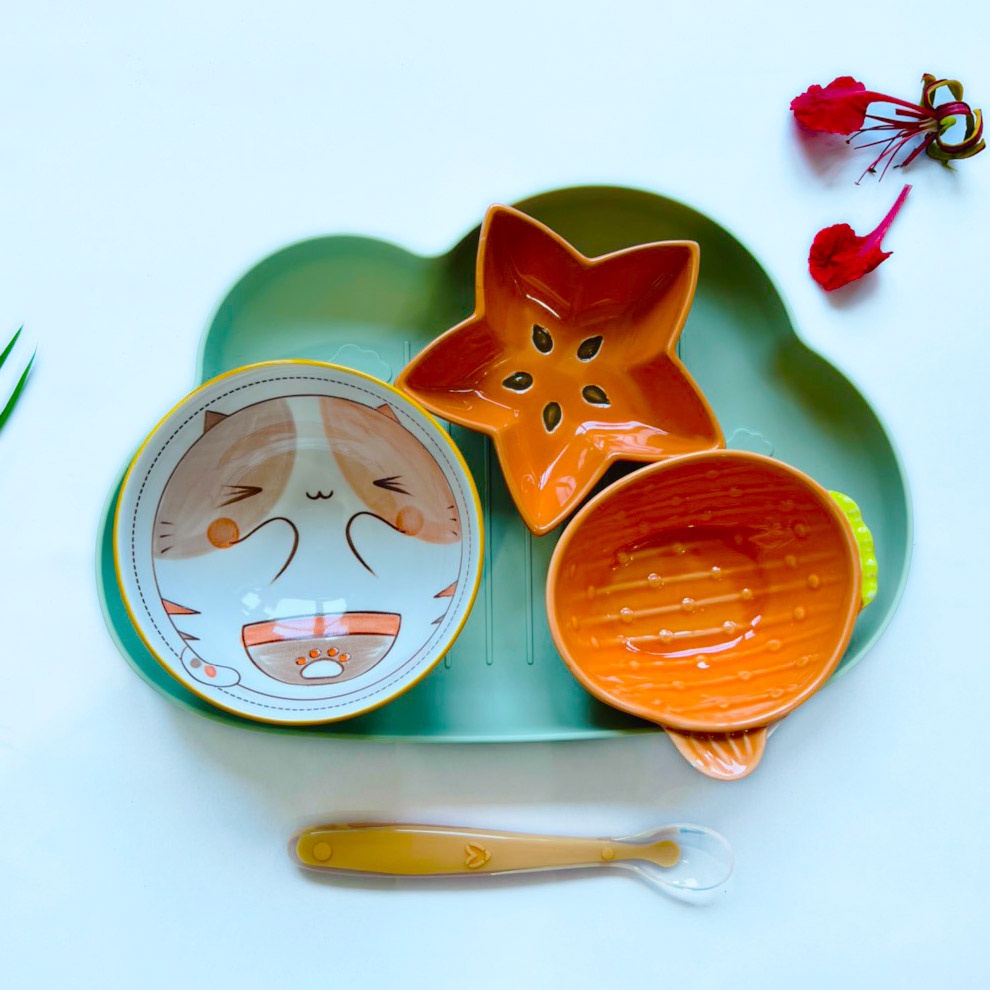 Combo Bát Đĩa Ăn Dặm Chất Liệu Gốm Sứ Kèm Khay Và Thìa Màu Sắc Đáng Yêu Ngộ Nghĩnh YOOTA BABY
