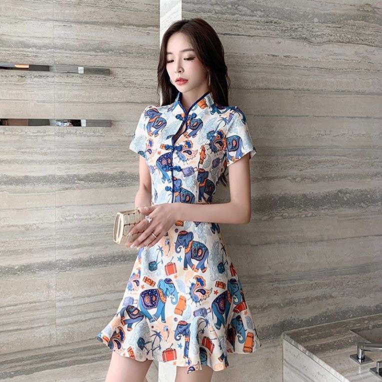 Đầm Cổ Tàu Khoát Ngực, Sườn Xám Cách Tân Đuôi Cá Họa Tiết In Hình Voi Lạ Mắt Trẻ Trung Cho Phái Nữ. | BigBuy360 - bigbuy360.vn